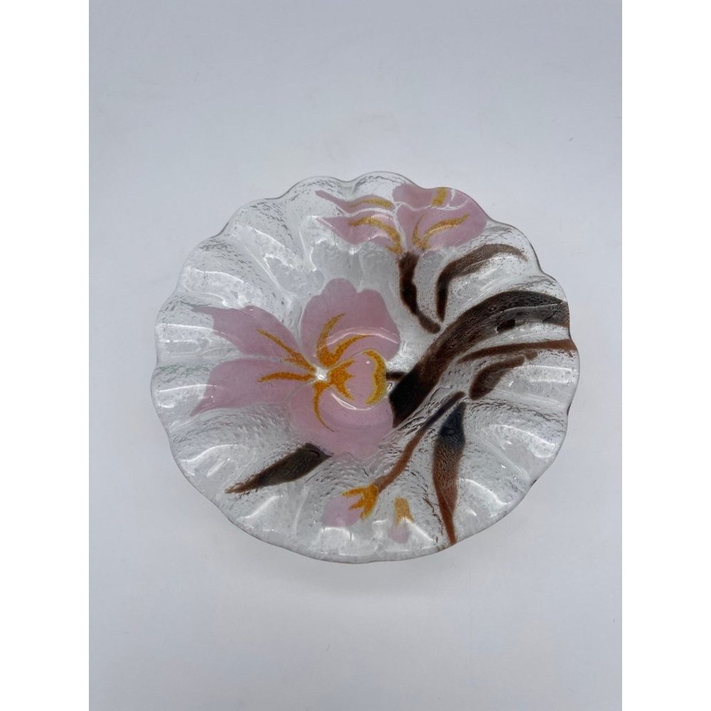 Vintage Sydenstricker Fused Glass Pink Flower Trinket Dish Bowl